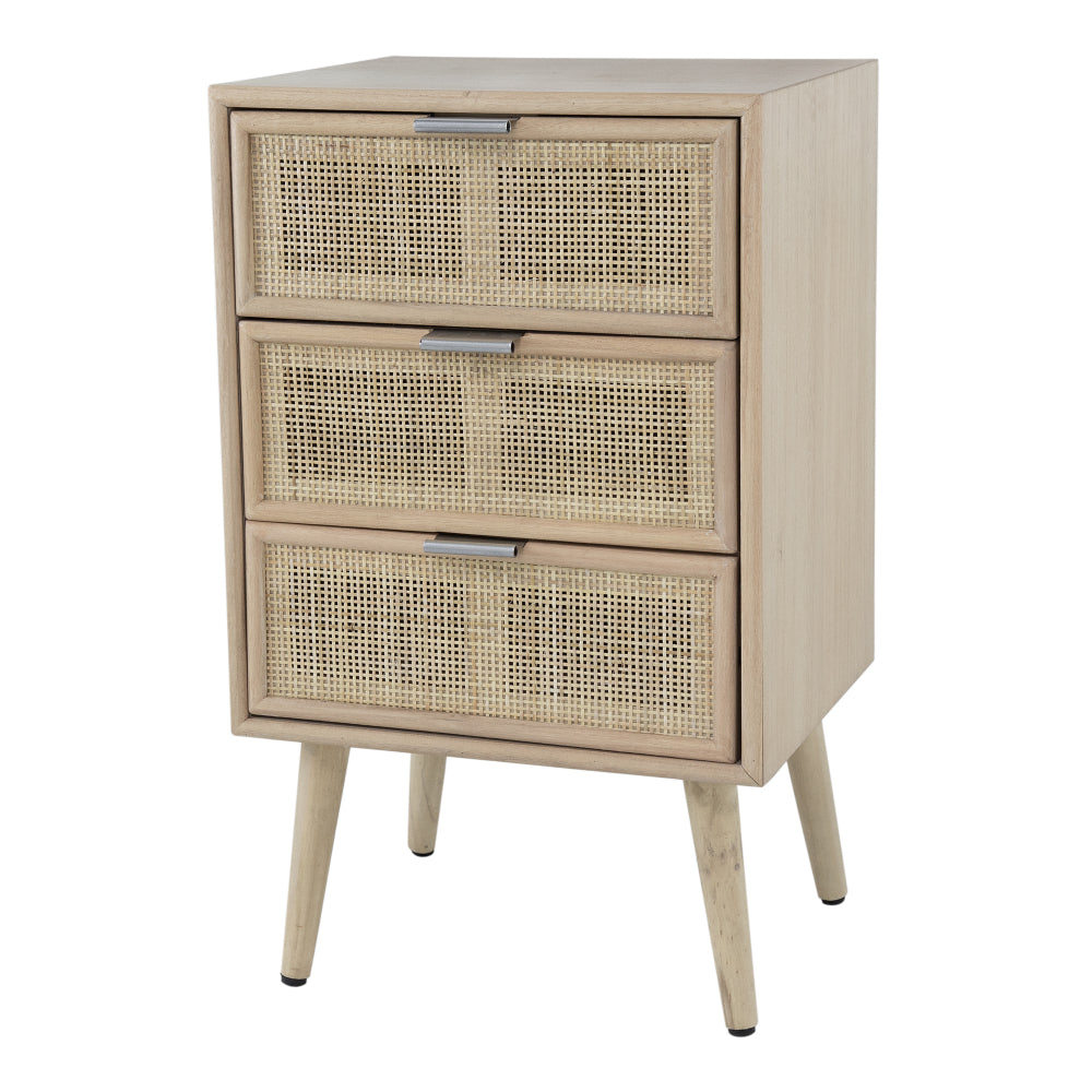 Cae 28 Inch Dresser Chest, 3 Drawers, Pine Wood, Rattan Panels, Brown - BM284812