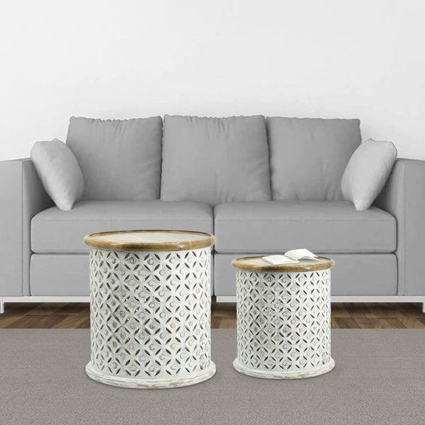 18, 16 Inch Accent Tables, Round, Mango Wood, Floral Cut Out, Brown, White - BM285101