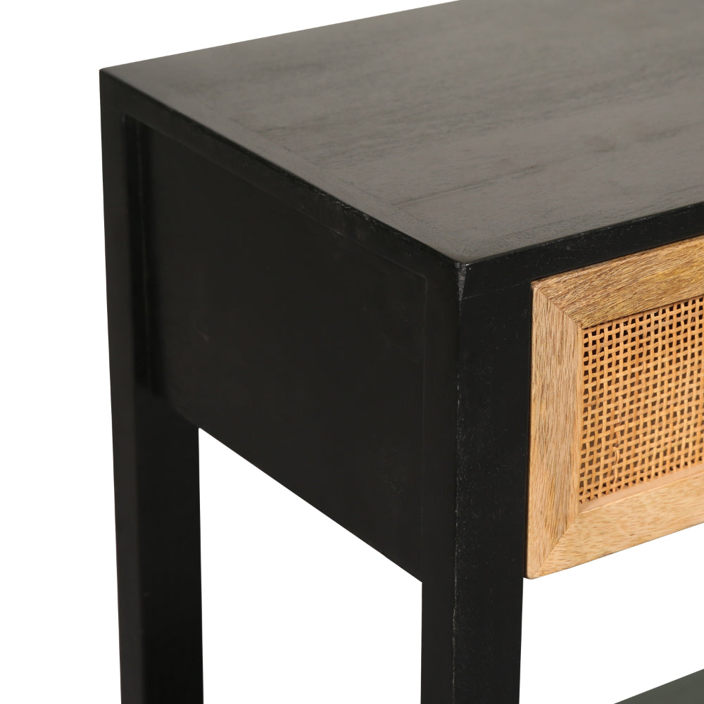 Rosette 22 Inch Side End Table, Natural Brown Rattan Front Drawer, Open Shelf, Black Mango Wood Frame - BM285122