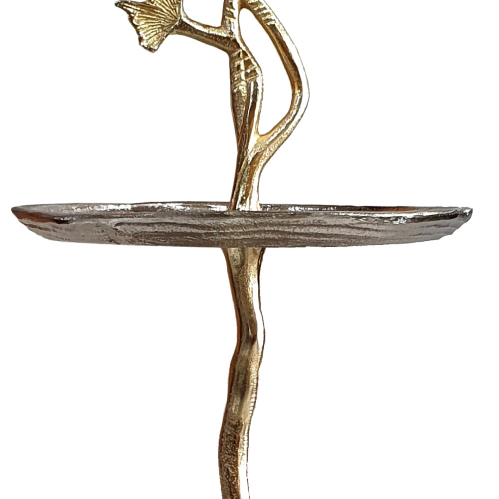 16 Inch Elegant Accent Table, 2 Tier Aluminum Cherry Blossom, Gold, Silver - BM285160