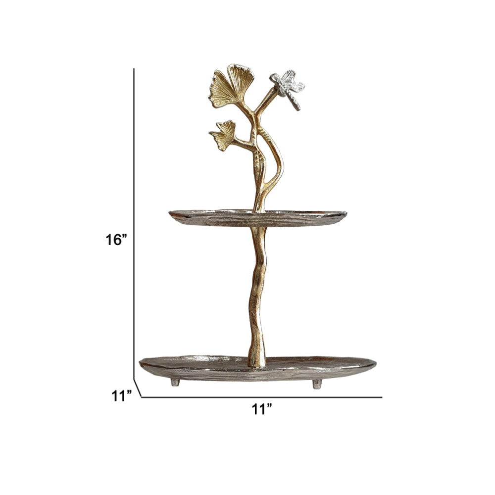 16 Inch Elegant Accent Table, 2 Tier Aluminum Cherry Blossom, Gold, Silver - BM285160