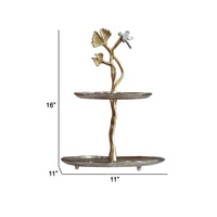 16 Inch Elegant Accent Table, 2 Tier Aluminum Cherry Blossom, Gold, Silver - BM285160