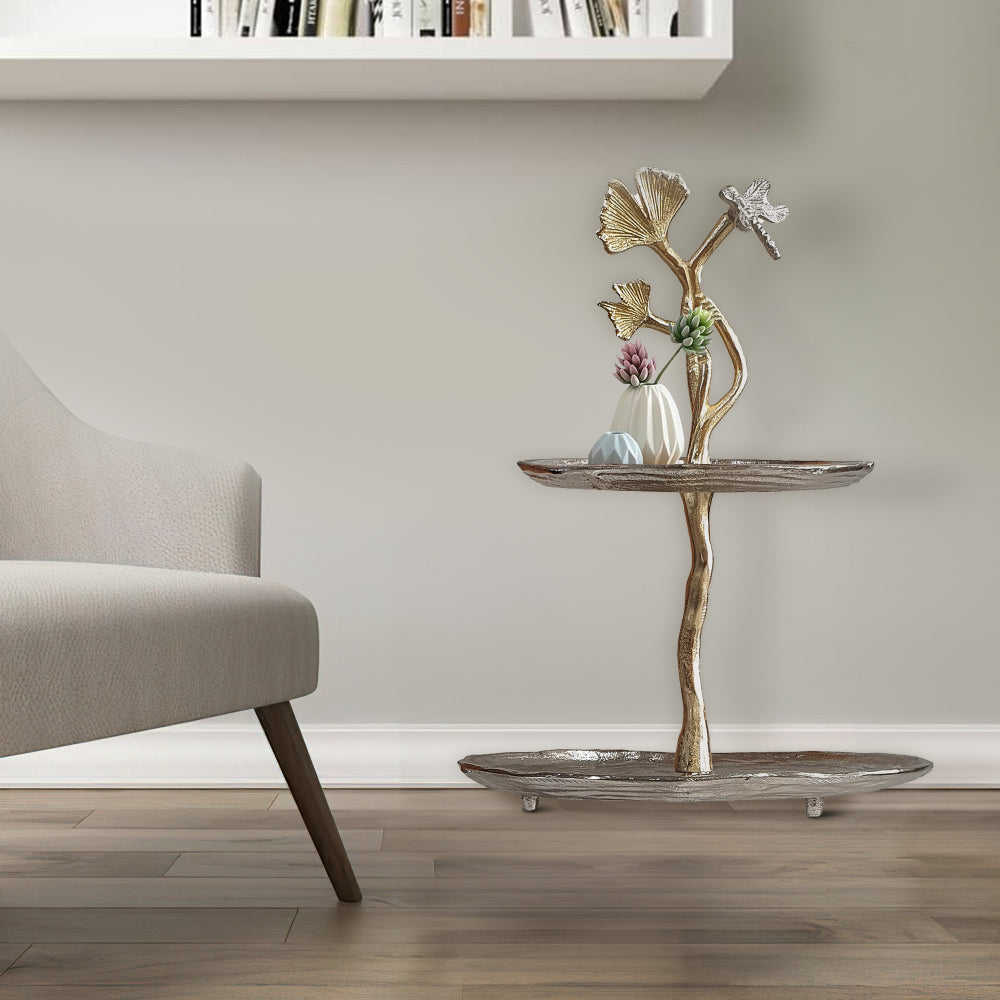 16 Inch Elegant Accent Table, 2 Tier Aluminum Cherry Blossom, Gold, Silver - BM285160