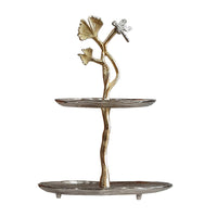 16 Inch Elegant Accent Table, 2 Tier Aluminum Cherry Blossom, Gold, Silver - BM285160