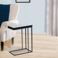 24 Inch End Side Table, Blue Patterned Top, C Shape Open Frame, Black - BM285166