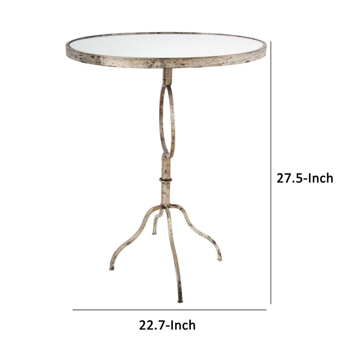 28 Inch Accent Side Table, Oval Mirror Top, Metal Base, Rustic Gold Finish - BM285213