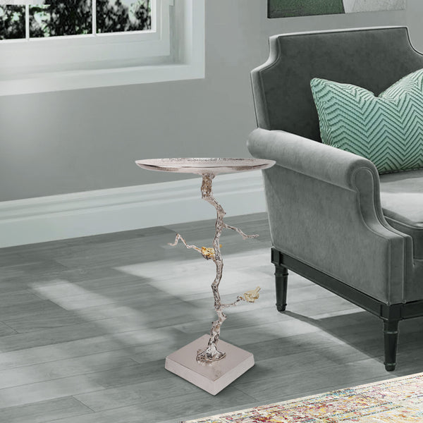28 Inch Accent Table, Artful Branch Like Frame, Gold Bird Accents, Silver - BM285256