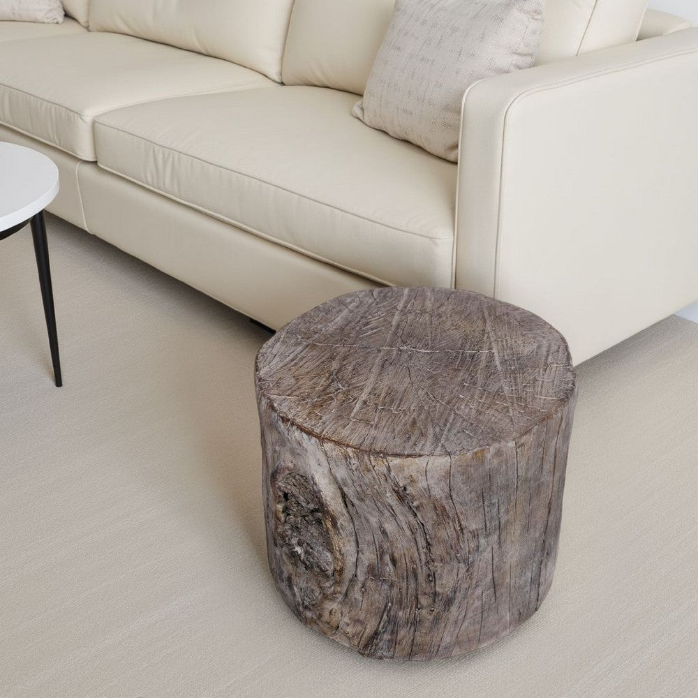 9 Inch Cement Stool Table, Tree Stump Design, Round Top, Classic Brown - BM285359