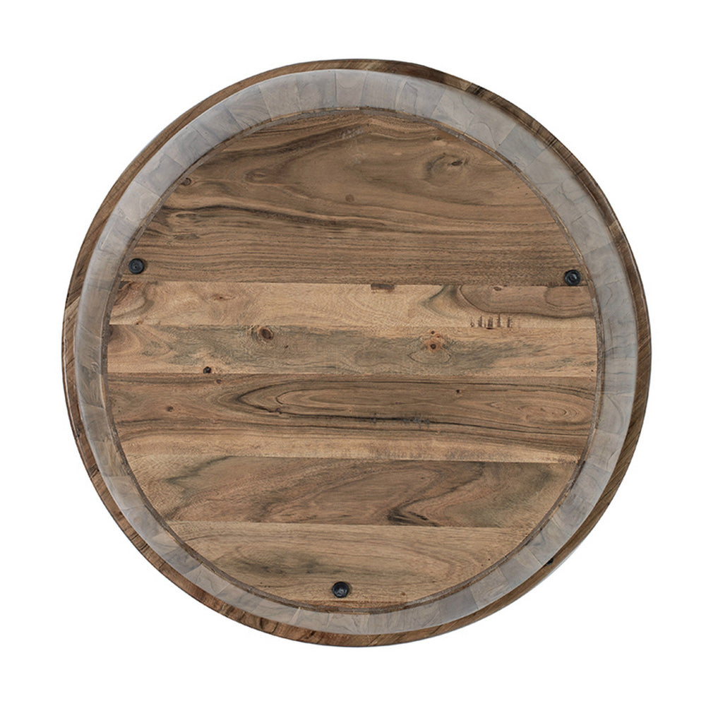 37 Inch Round Coffee Table, Drum Shape, Mango and Sheesham Wood, Brown - BM285374
