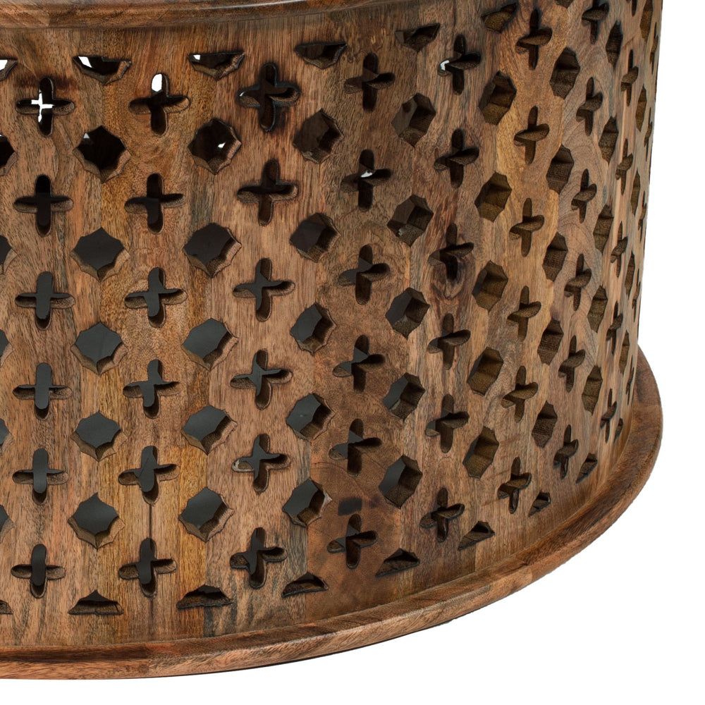 35, 34 Inch Coffee Table Set of 2, Mango Wood Lattice Design, Brown - BM285392
