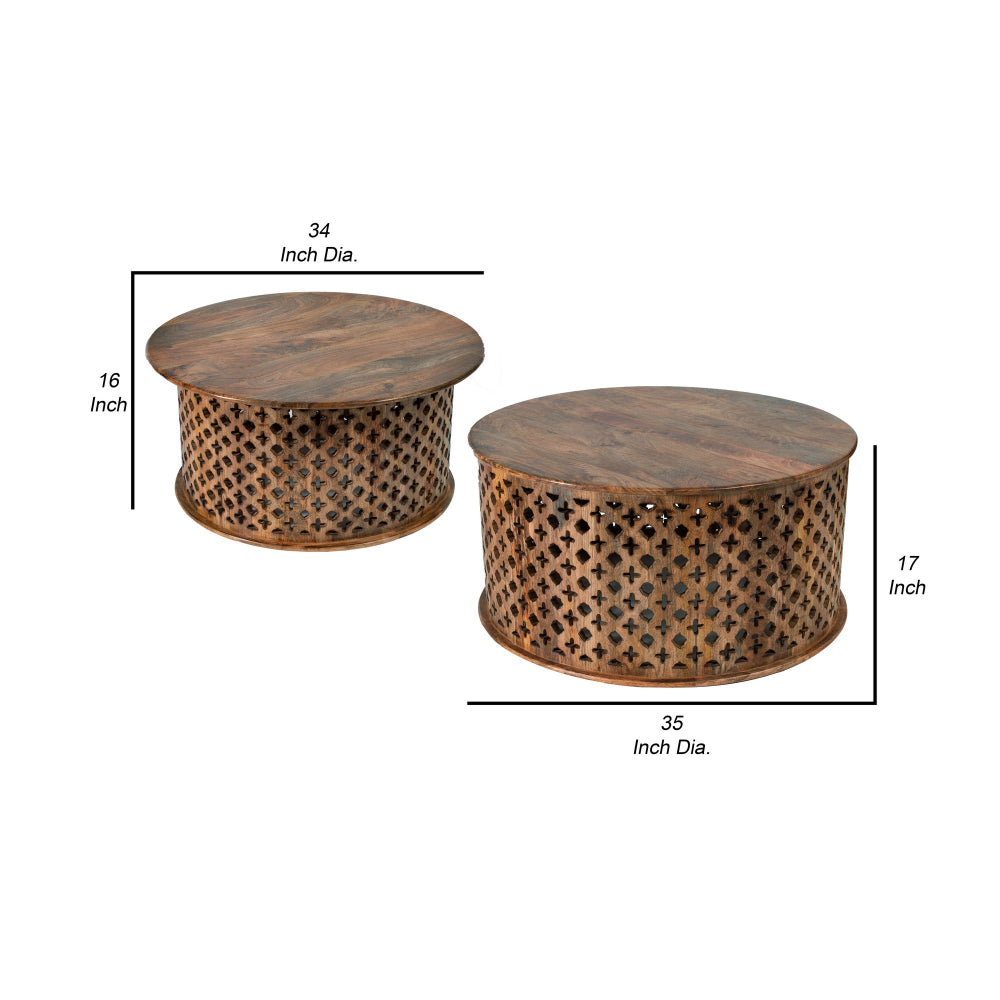 35, 34 Inch Coffee Table Set of 2, Mango Wood Lattice Design, Brown - BM285392