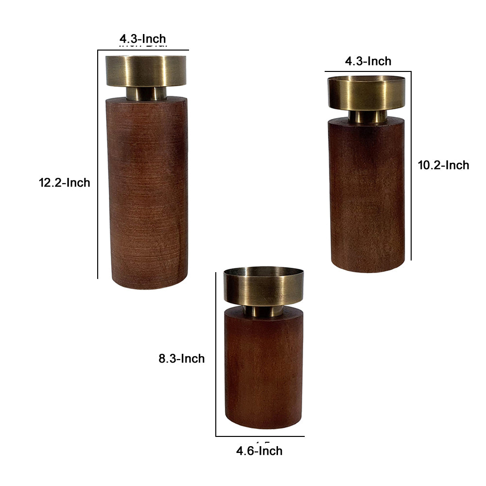 12, 10, 8 Inch Mango Wood Candle Holders with Round Column Pedestals, Brown - BM285547