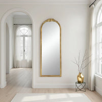 56 Inch Tall Arched Floor Mirror, Antique Floral Design, Gold - BM285555