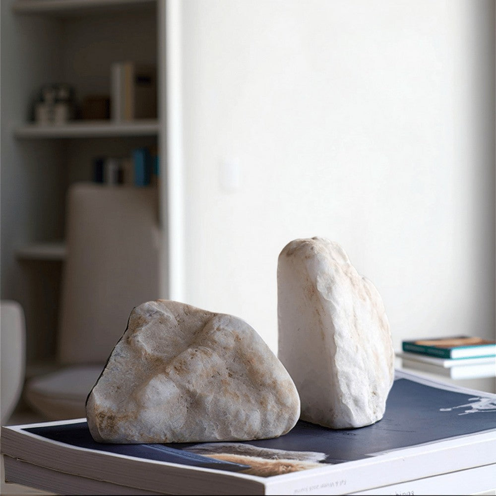 5 Inch Natural White Stone Bookends, Artisanal Textured Geode Rock - BM285560