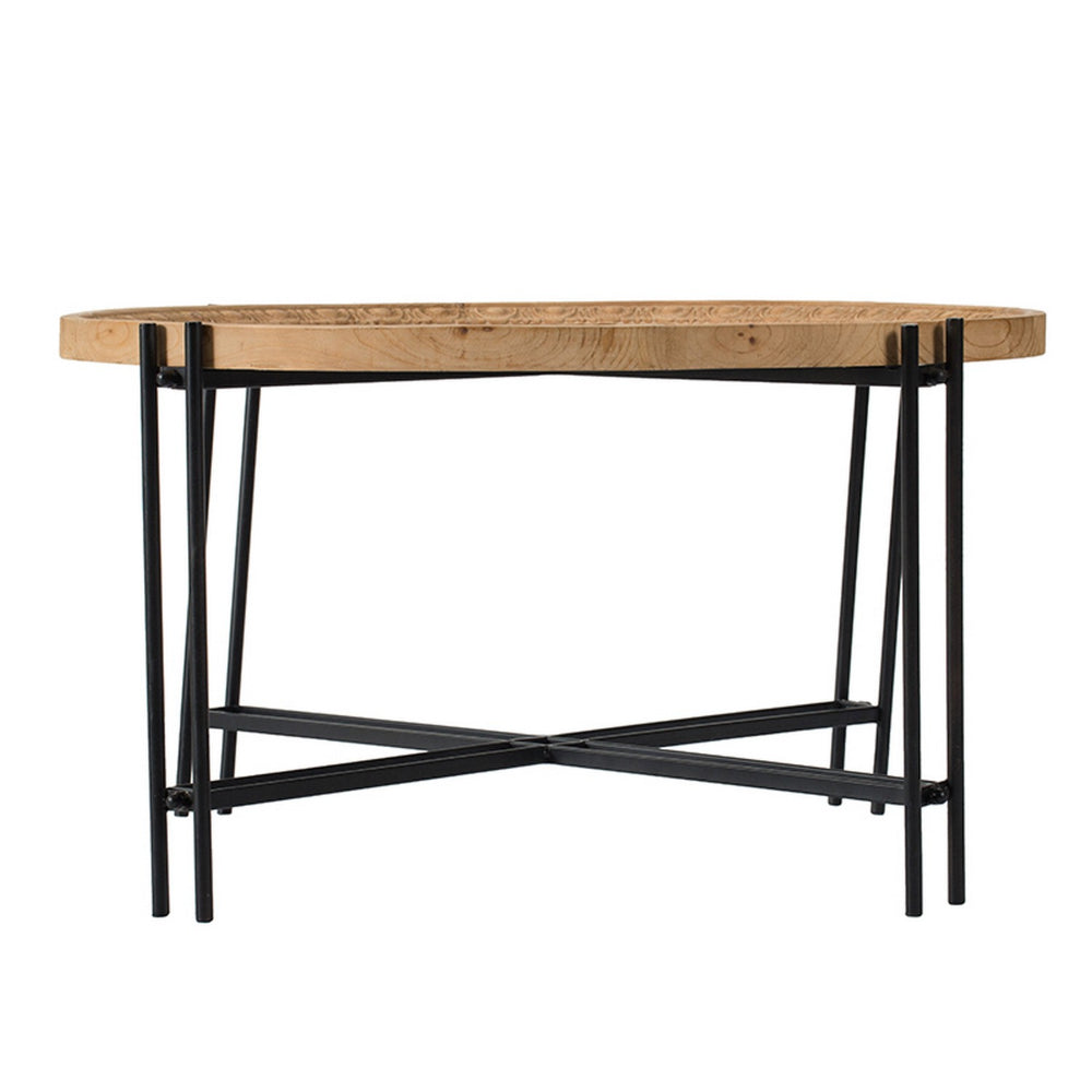 32 Inch Fir Wood Coffee Table, Intersecting Metal Legs, Brown and Black - BM285567
