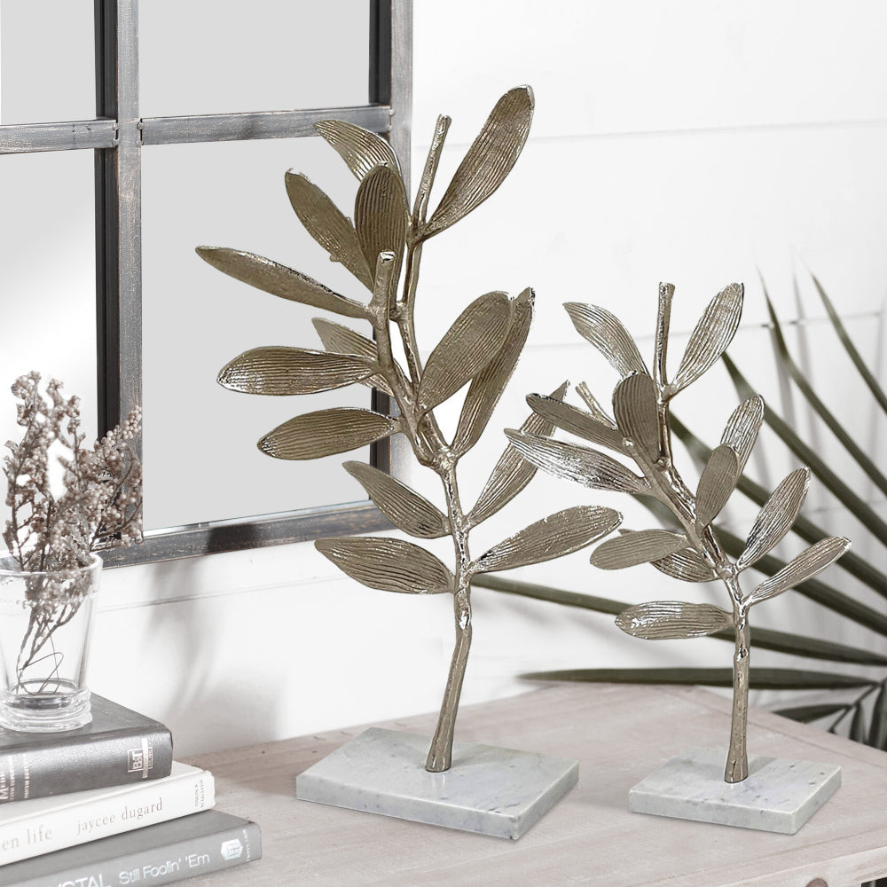 28, 23 Inch Set of 2 Metal Statuettess, Decorative Accent Olive Tree, White - BM286108