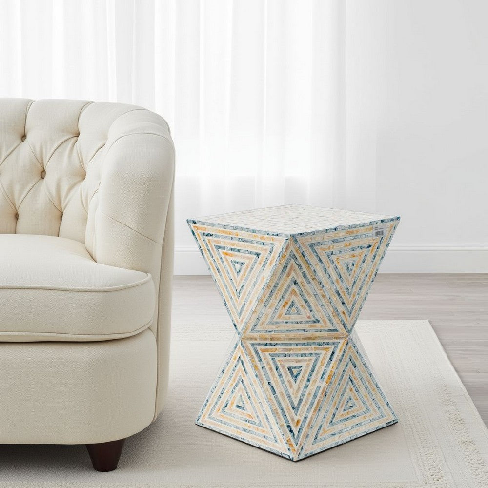 20 Inch Capiz Accent Stool Table, Hourglass Triangular, Off White Ivory - BM286116