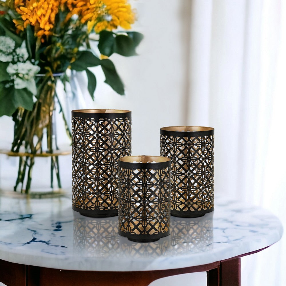 Set of 3 Lantern Candle Holders, Moroccan Lattice, Gold, Black Metal Frames - BM286153