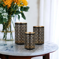 Set of 3 Lantern Candle Holders, Moroccan Lattice, Gold, Black Metal Frames - BM286153