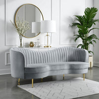 Enzo 84 Inch Modern Sofa, Curved Kidney Shape, Channel Tufted, Gray, Gold - BM286330