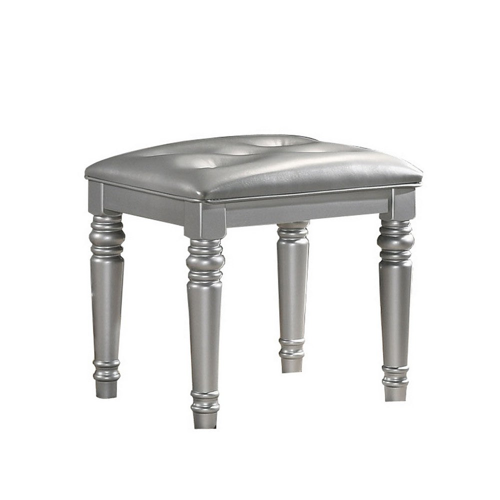 Kya 20 Inch Vanity Stool with Tufted Vegan Faux Leather Seat, Glam Silver - BM287974