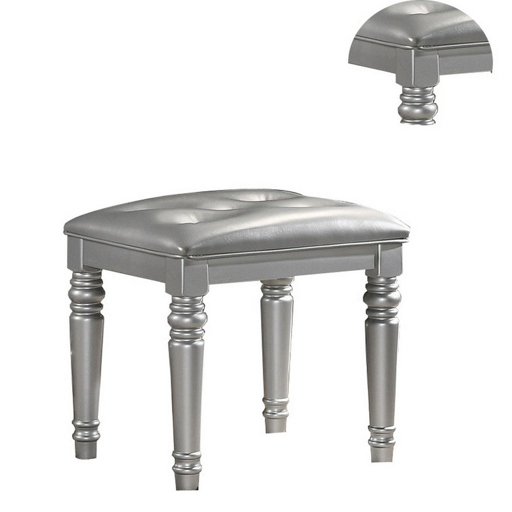 Kya 20 Inch Vanity Stool with Tufted Vegan Faux Leather Seat, Glam Silver - BM287974