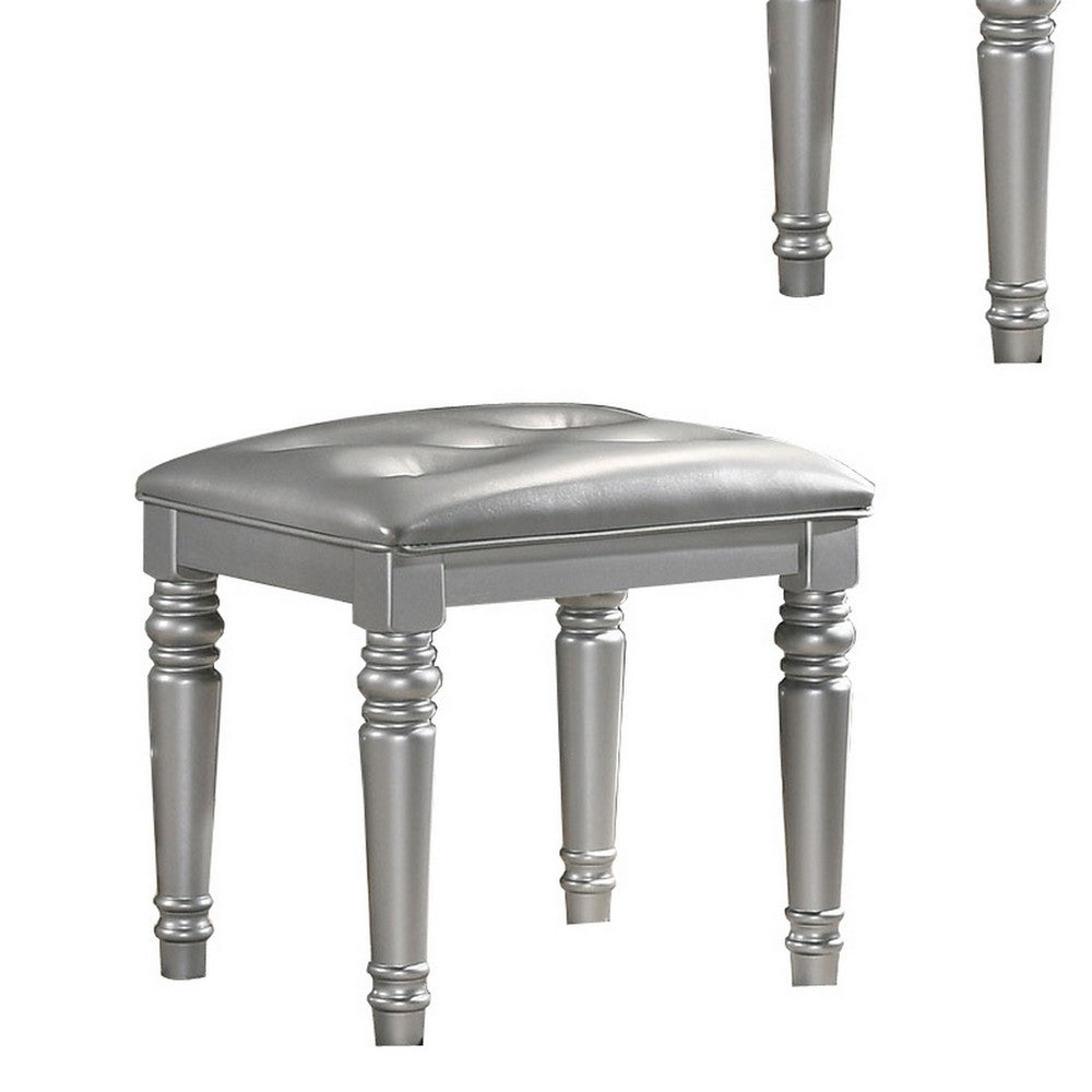 Kya 20 Inch Vanity Stool with Tufted Vegan Faux Leather Seat, Glam Silver - BM287974