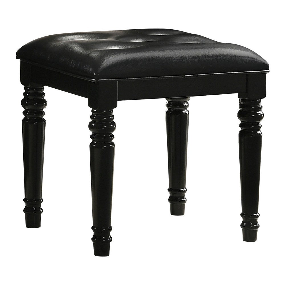 Kya 20 Inch Vanity Stool, Black Tufted Vegan Faux Leather Seat, Turned Legs - BM287977
