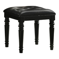 Kya 20 Inch Vanity Stool, Black Tufted Vegan Faux Leather Seat, Turned Legs - BM287977