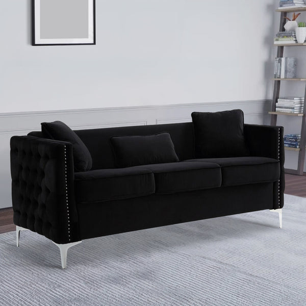 Joel 73 Inch Modern Sofa with 3 Pillows, Tufted Black Velvet, Silver Legs - BM293149