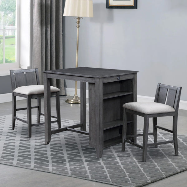 Hia 3 Piece Counter Table Set, Cushioned Seats, 2 Shelves, Smooth Gray - BM293302