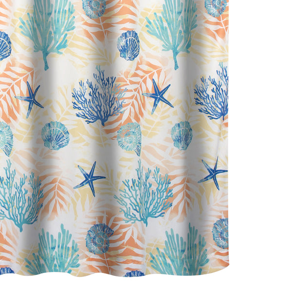Geo 72 Inch Shower Curtain, White Blue Polyester, Seashells and Ferns Print - BM293438