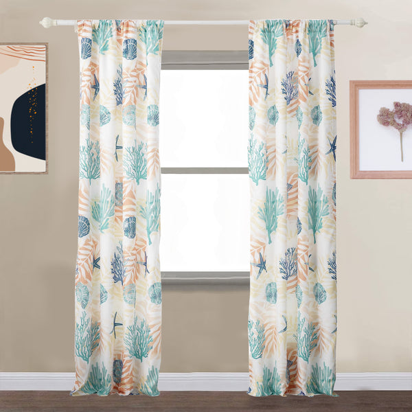 Geo 84 Inch Window Curtains, White Blue Polyester, Seashells Ferns Print - BM293439