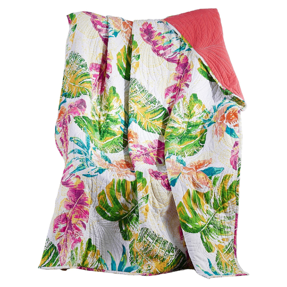 Porto 60 Inch Throw Blanket, Tropical Palm Leaves, Vibrant Green, Blue - BM293446