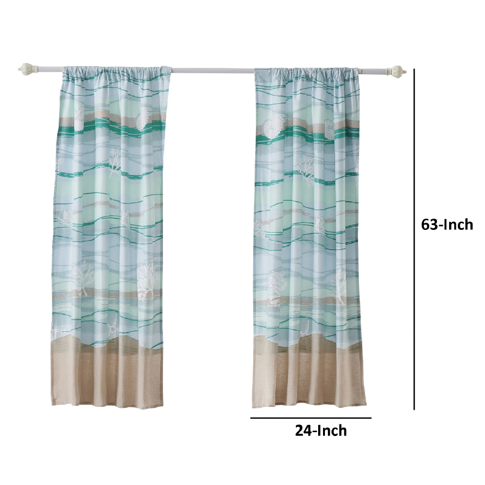 Vira 63 Inch Window Curtains, Ocean Waves and Sand Print, Rod Pockets - BM293458