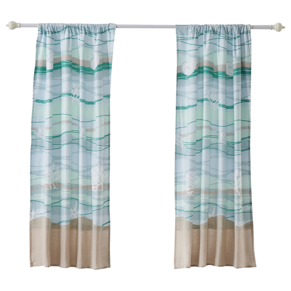 Vira 63 Inch Window Curtains, Ocean Waves and Sand Print, Rod Pockets - BM293458