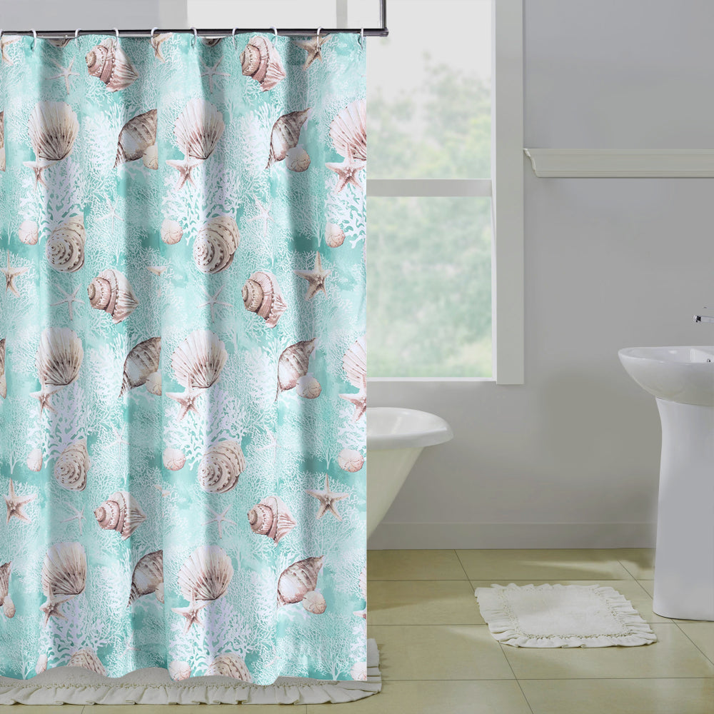 Logan 72 Inch Shower Curtain, Coastal Light Blue Conch Shells Print - BM293460