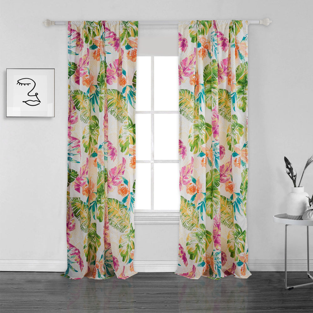 Porto 84 Inch Panel Window Curtains, Tropical Palm Leaves, Green and Blue - BM293462