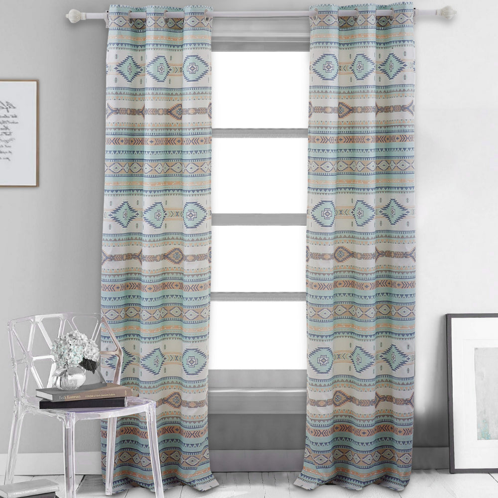 Kiev 84 Inch Window Curtains, Microfiber Blue Southwest Design, Grommets - BM293473
