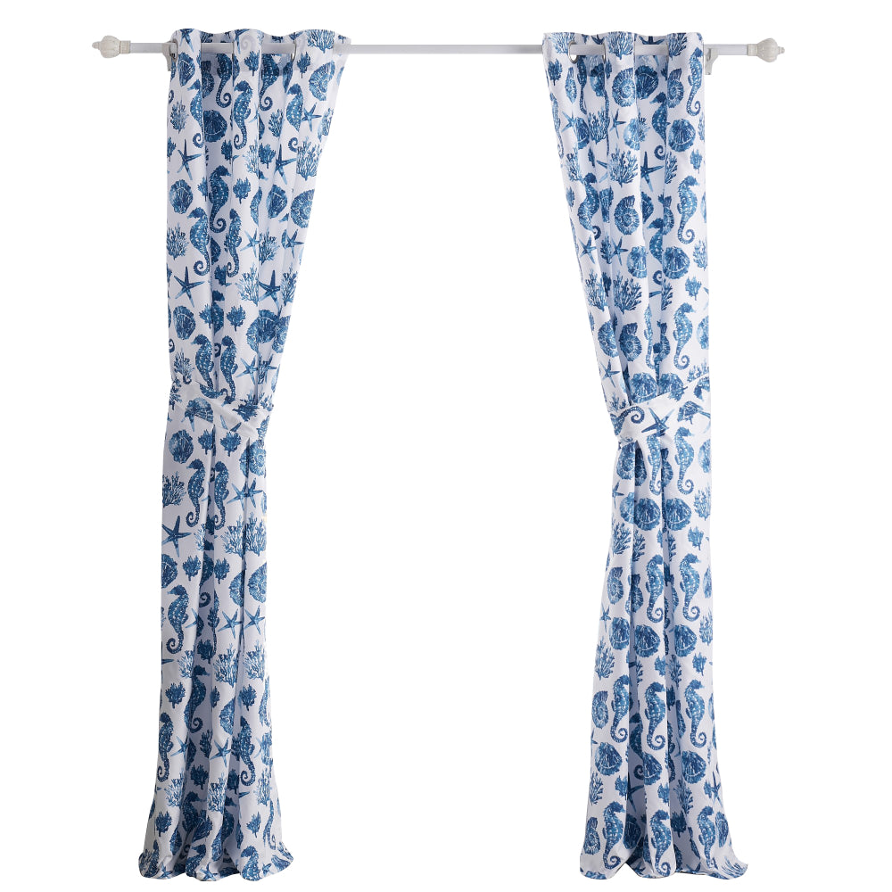 Riga 84 Inch Window Curtains, Blue Seashells Print, Microfiber, Rod Pockets - BM293484