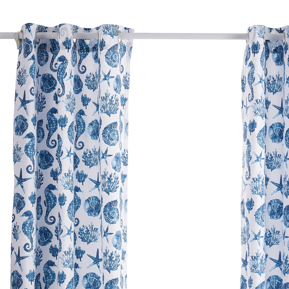 Riga 84 Inch Window Curtains, Blue Seashells Print, Microfiber, Rod Pockets - BM293484