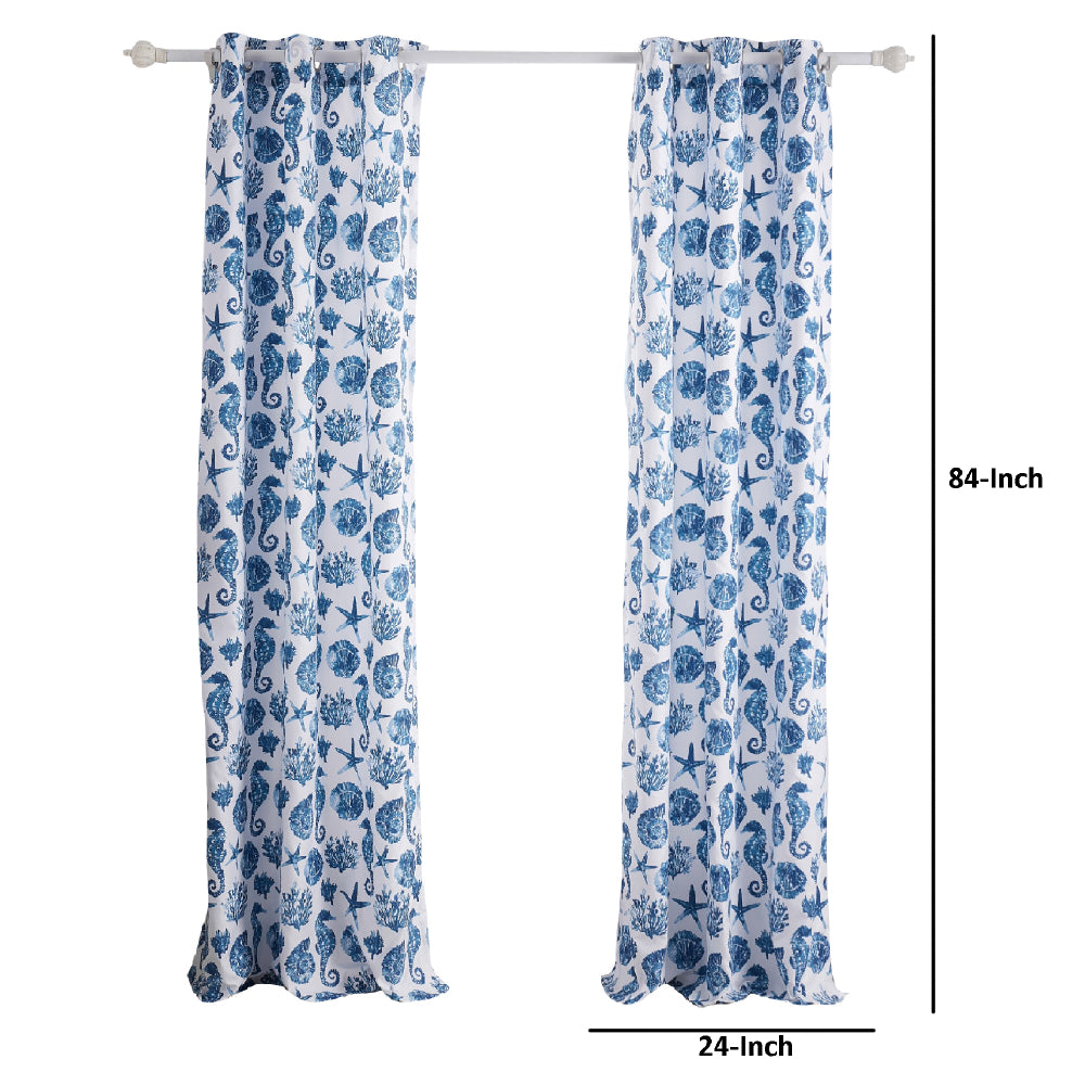 Riga 84 Inch Window Curtains, Blue Seashells Print, Microfiber, Rod Pockets - BM293484