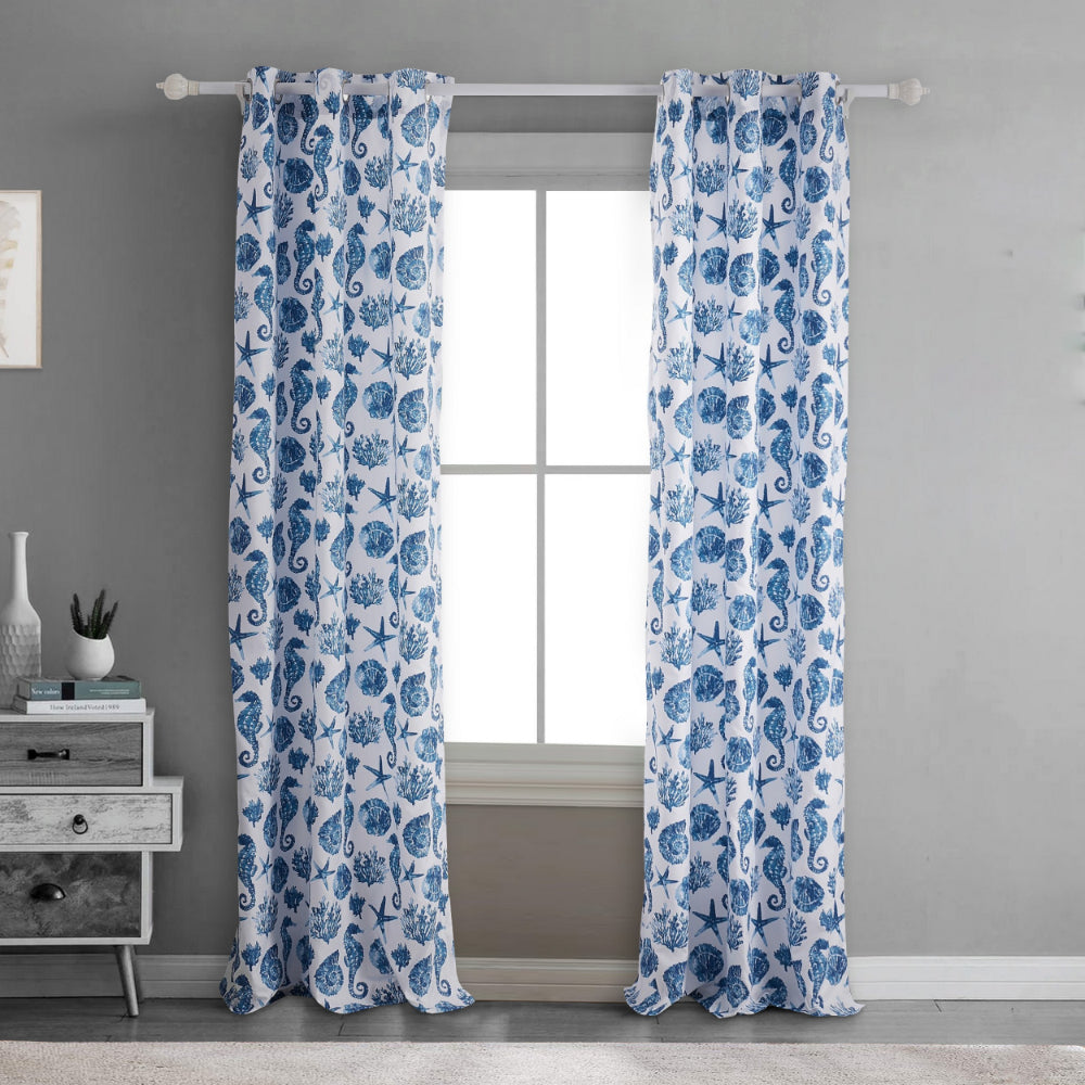 Riga 84 Inch Window Curtains, Blue Seashells Print, Microfiber, Rod Pockets - BM293484