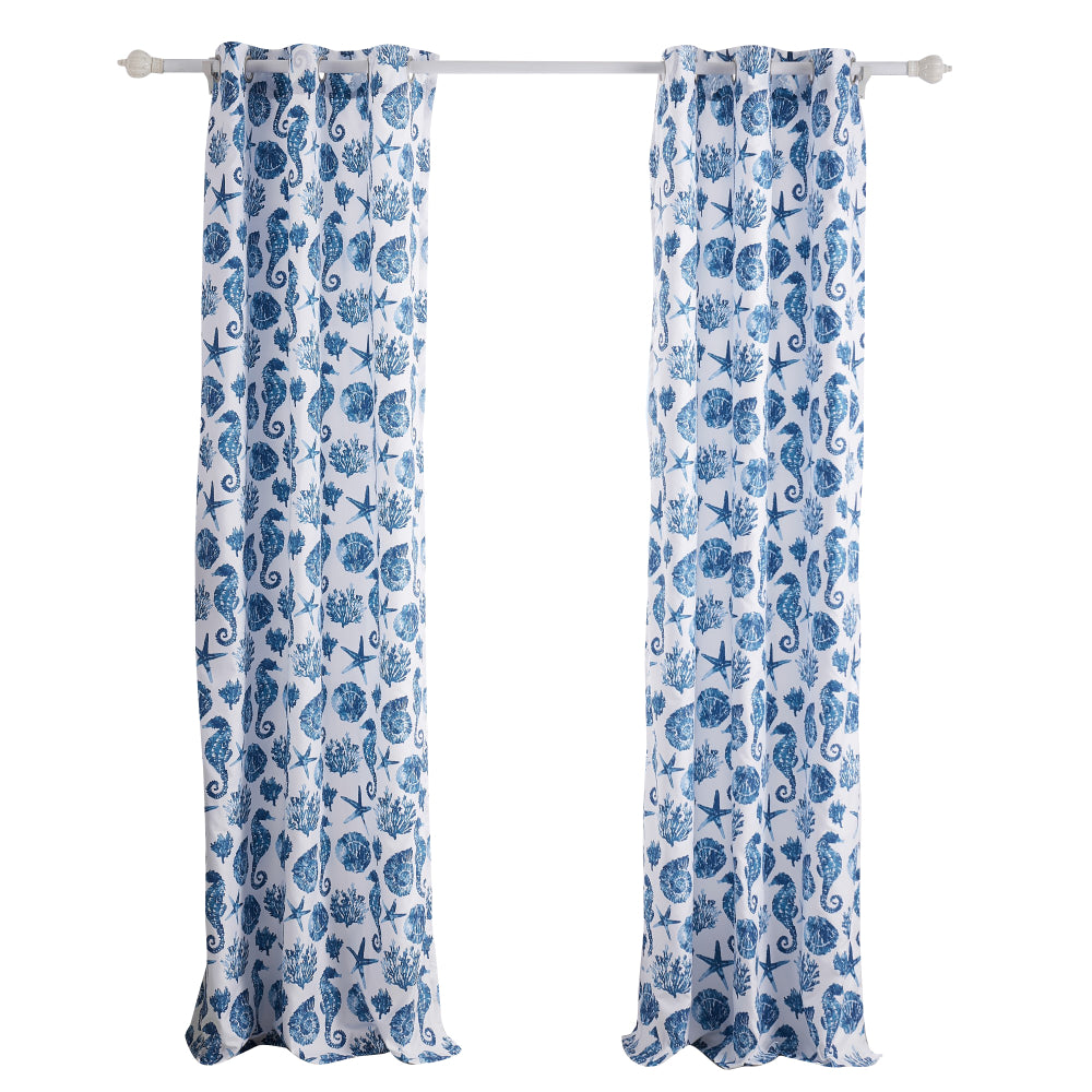 Riga 84 Inch Window Curtains, Blue Seashells Print, Microfiber, Rod Pockets - BM293484