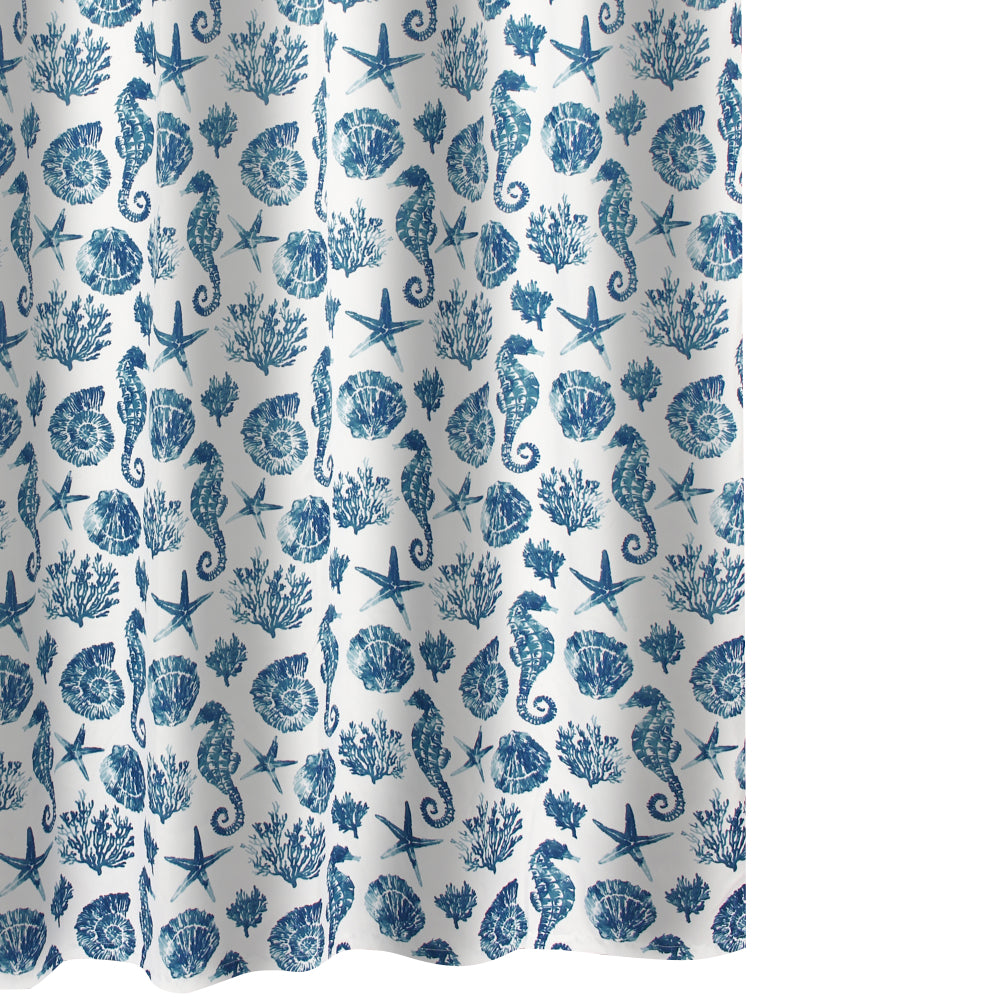 Riga 72 Inch Shower Curtain, Blue Seashells Print, Button Holes, Microfiber - BM293486