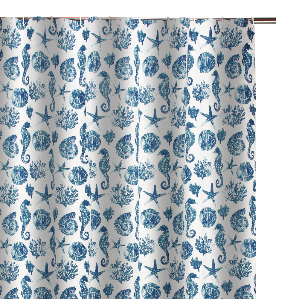 Riga 72 Inch Shower Curtain, Blue Seashells Print, Button Holes, Microfiber - BM293486