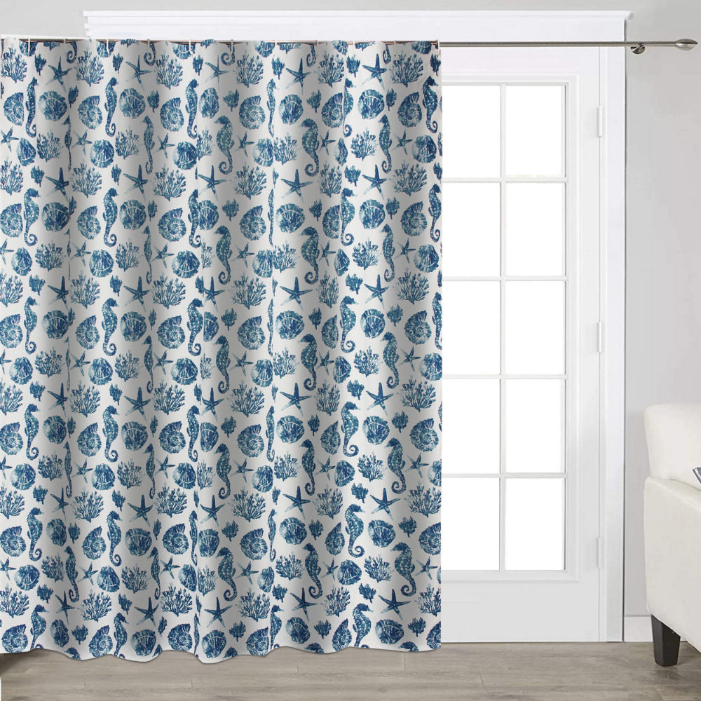 Riga 72 Inch Shower Curtain, Blue Seashells Print, Button Holes, Microfiber - BM293486
