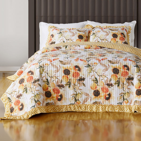 Kelsa 2 Piece Twin Quilt Set with Pillow Sham, Cotton, Ruffled Border, Gold - BM293498