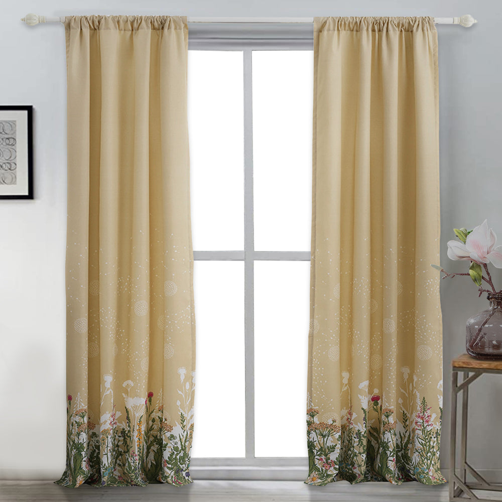 84 Inch Window Curtains, Beige Microfiber Fabric, Wildflower Print Design - BM294295