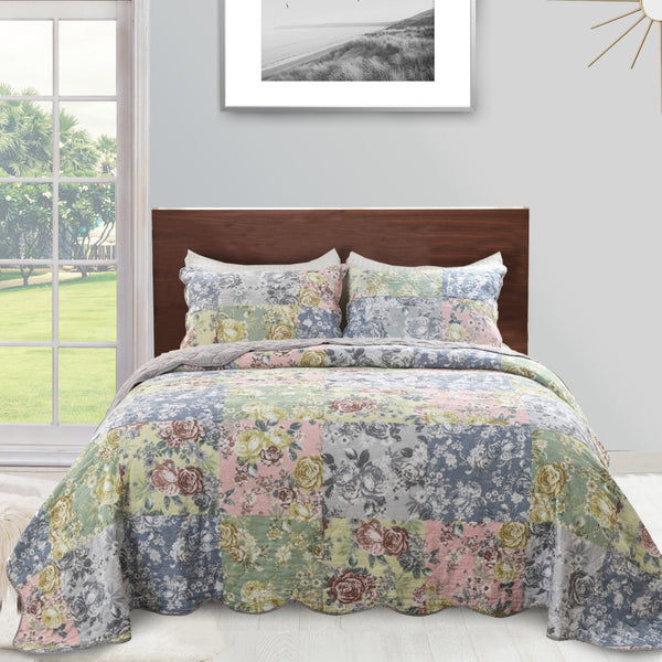 Eni 3 Piece California King Cotton Quilt Set, Pastel Blue Flower Design - BM294303